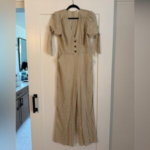 superdown Beige Puff-Sleeve Button-Front Jumpsuit